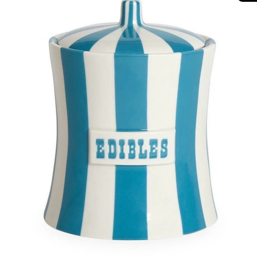 Jonathan Adler Teal White Vice Edibles Canister Cookie Jar Circus Stripes